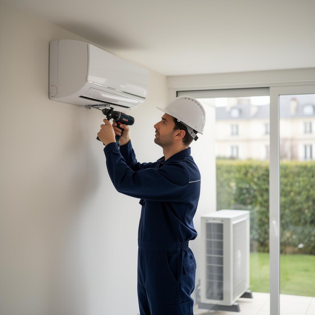 Technicien PAC Climatisation Cergy posant un climatiseur mural et une unité extérieure